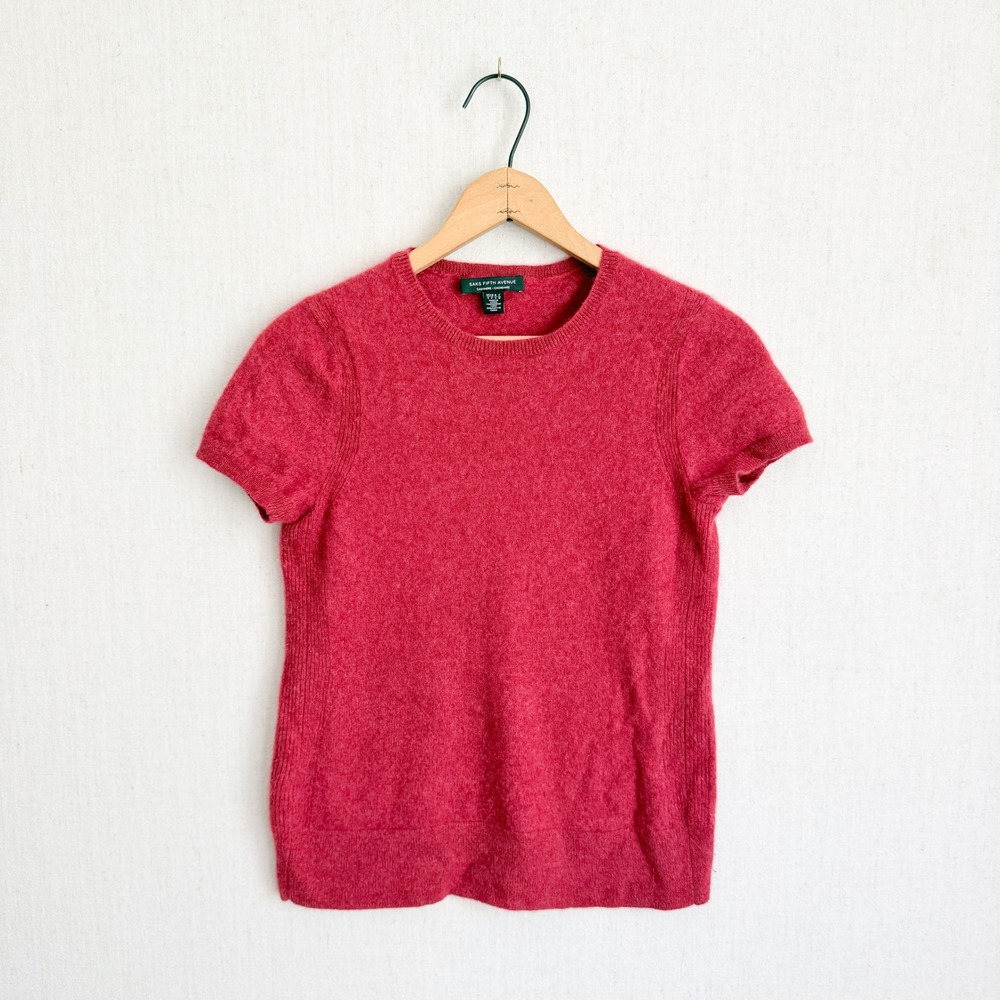 Saks Fifth Avenue Cashmere Short Sleeve Sweater Small Red Crew Neck Knit Top